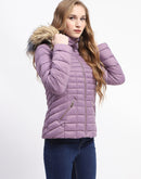 Madame Faux Fur Trimmed Hood Quilted Mauve Puffer Jacket