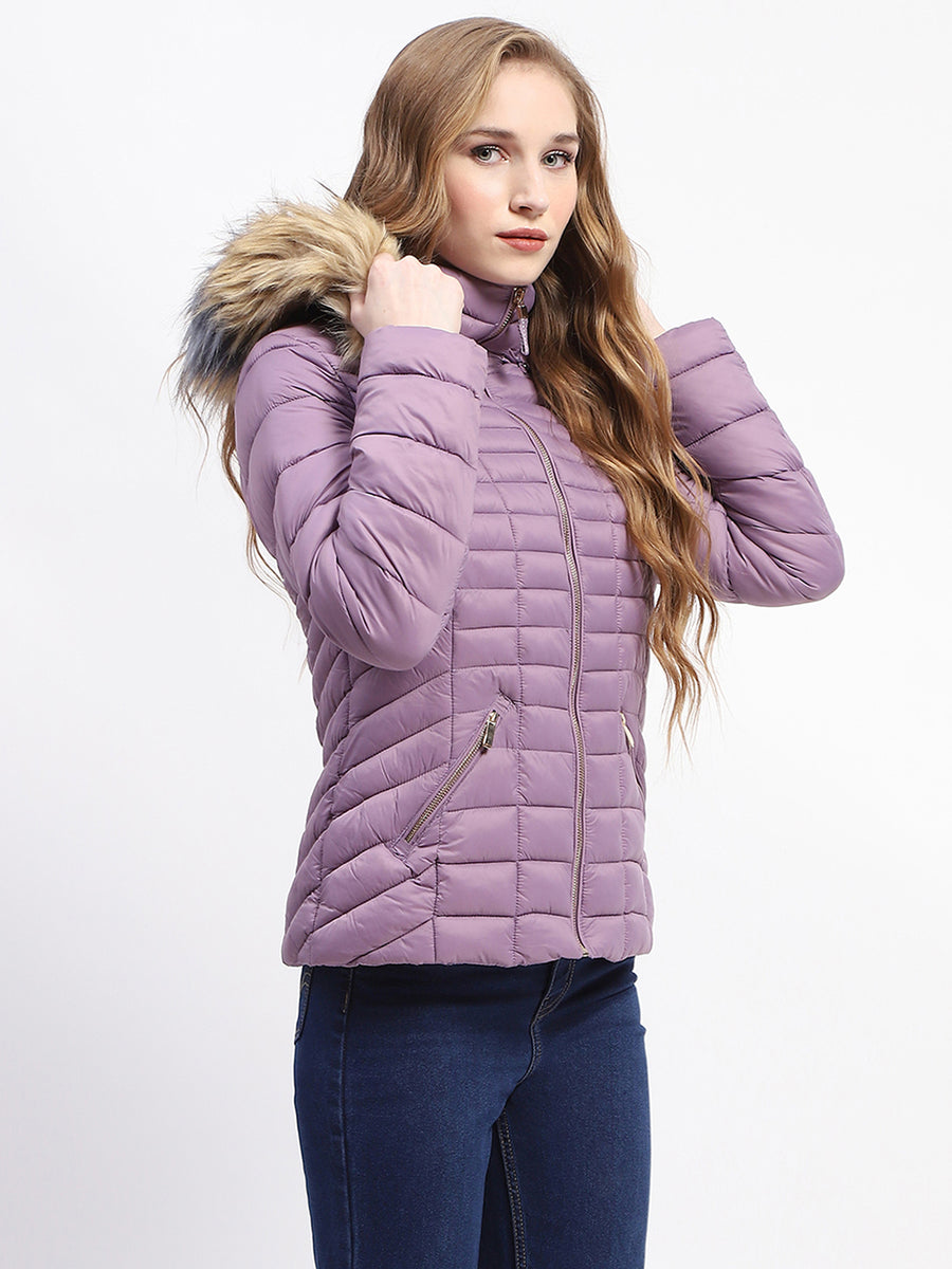 Madame Faux Fur Trimmed Hood Quilted Mauve Puffer Jacket