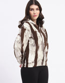 Madame All Over Print Zipped Brown Hooded Sweatshirt For Women