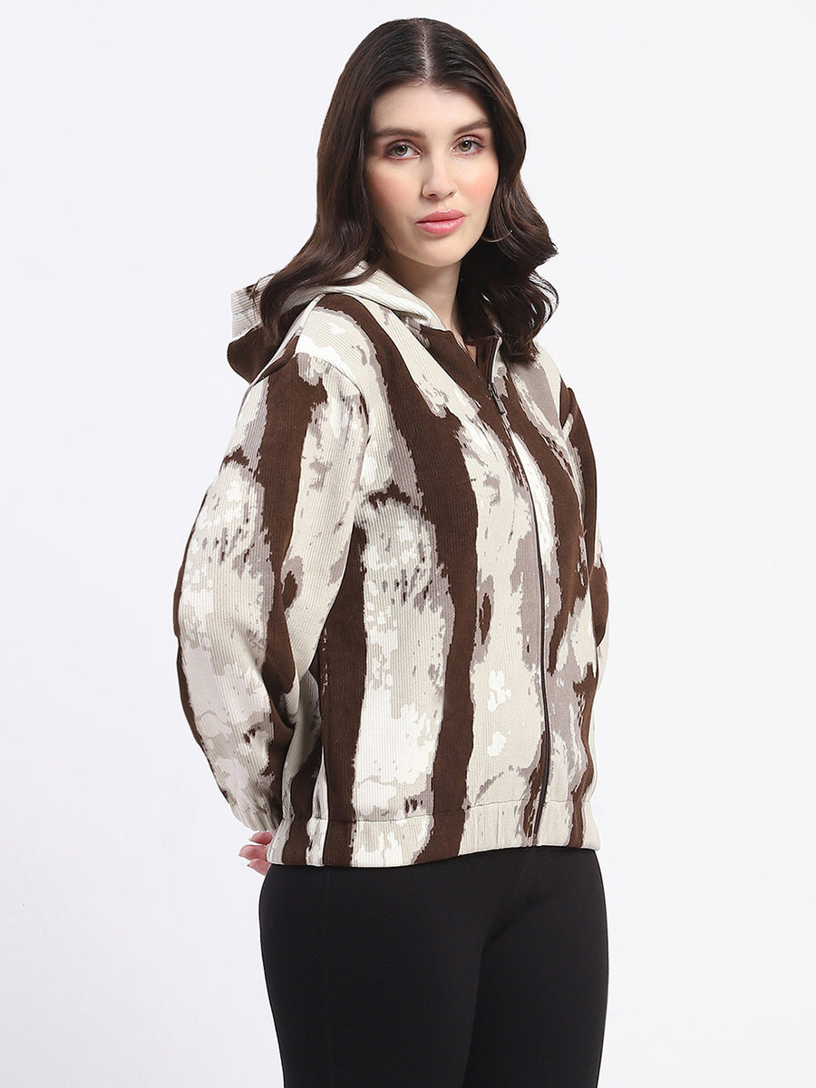 Madame All Over Print Zipped Brown Hooded Sweatshirt For Women