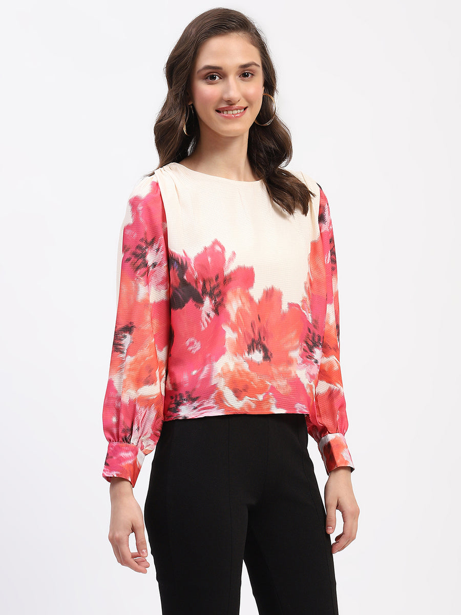 Madame Floral Print Cuff Sleeve Beige Top