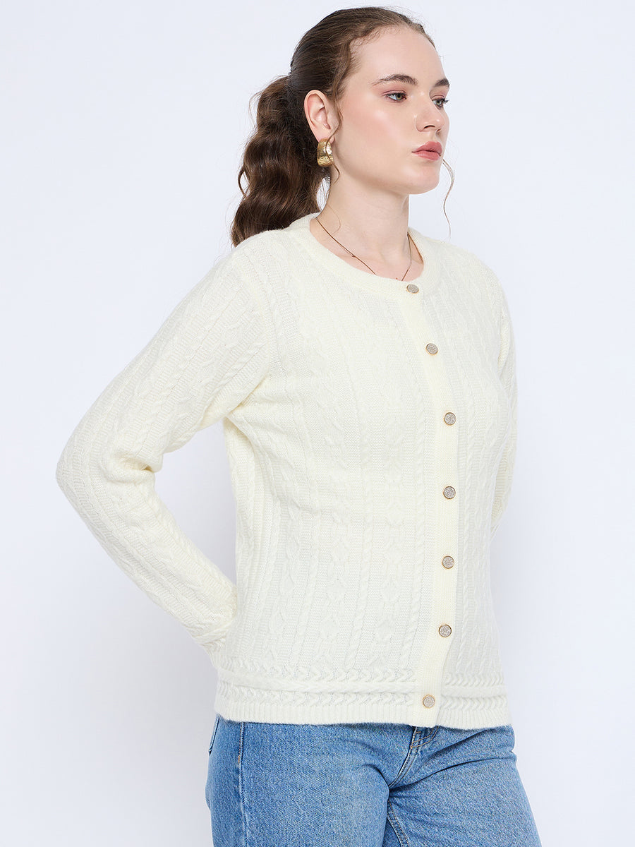 Madame Self Design Crew Neck Off White Cardigan