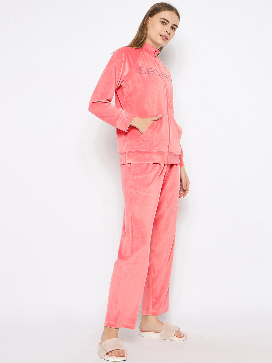 mSECRET Velour Swarovski Detailed  Zipped Blush Top and Bottom Night Suit