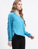 Madame Satin Bell Sleeve Collared Solid Blue Top