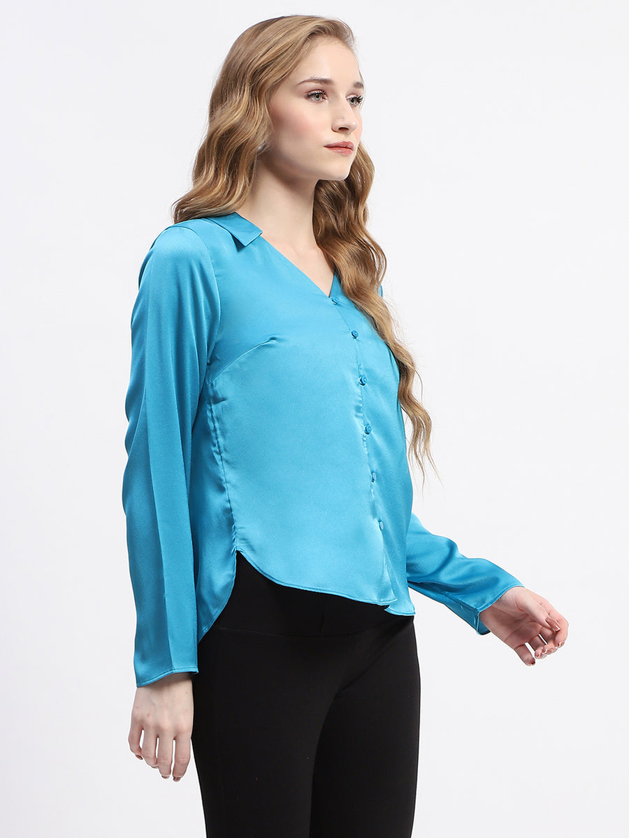 Madame Satin Bell Sleeve Collared Solid Blue Top