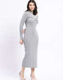 Madame Twisted Detailing Ribbed Bodycon Grey Dress