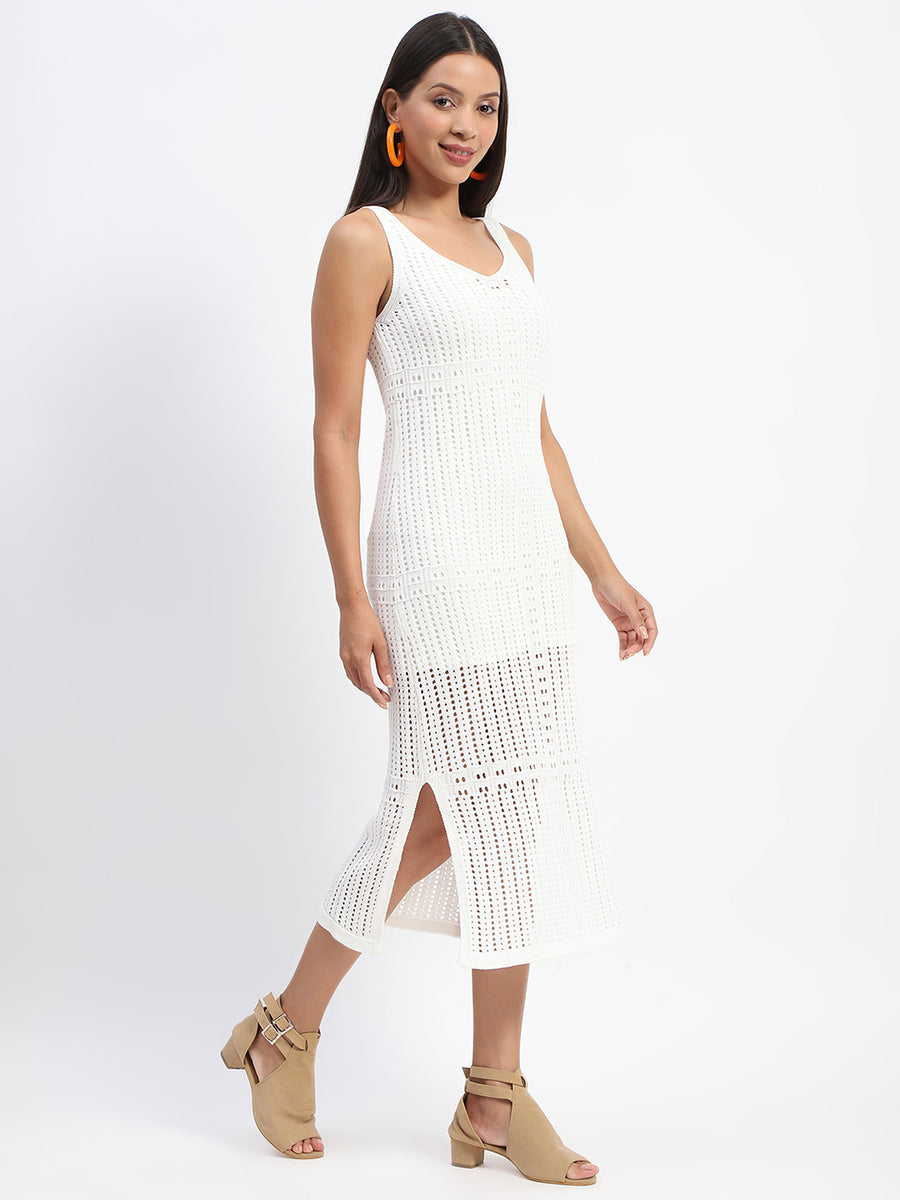 Madame V Neck Crochet Off White Knitted Dress