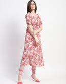 Madame Floral Print Cinch Waist Pink Midi Dress