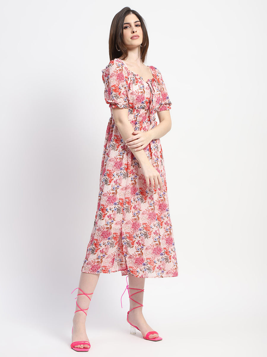 Madame Floral Print Cinch Waist Pink Midi Dress