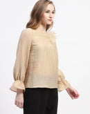 Madame Beige Ruffle Sleeve Textured Tencel Blend Top