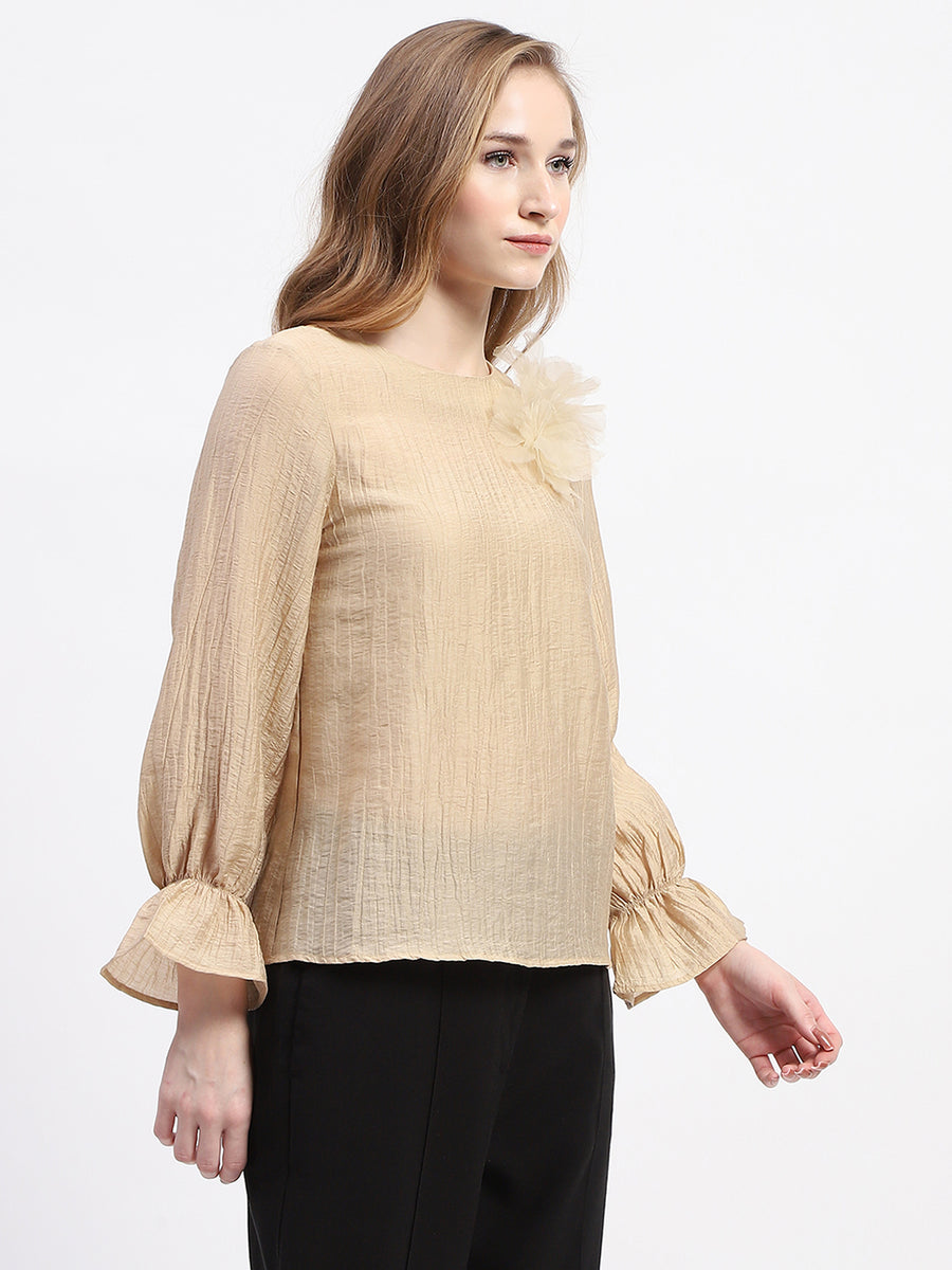 Madame Beige Ruffle Sleeve Textured Tencel Blend Top