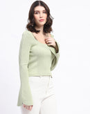 Madame Metal Accented Flounce Sleeve Mint Green Knit Top