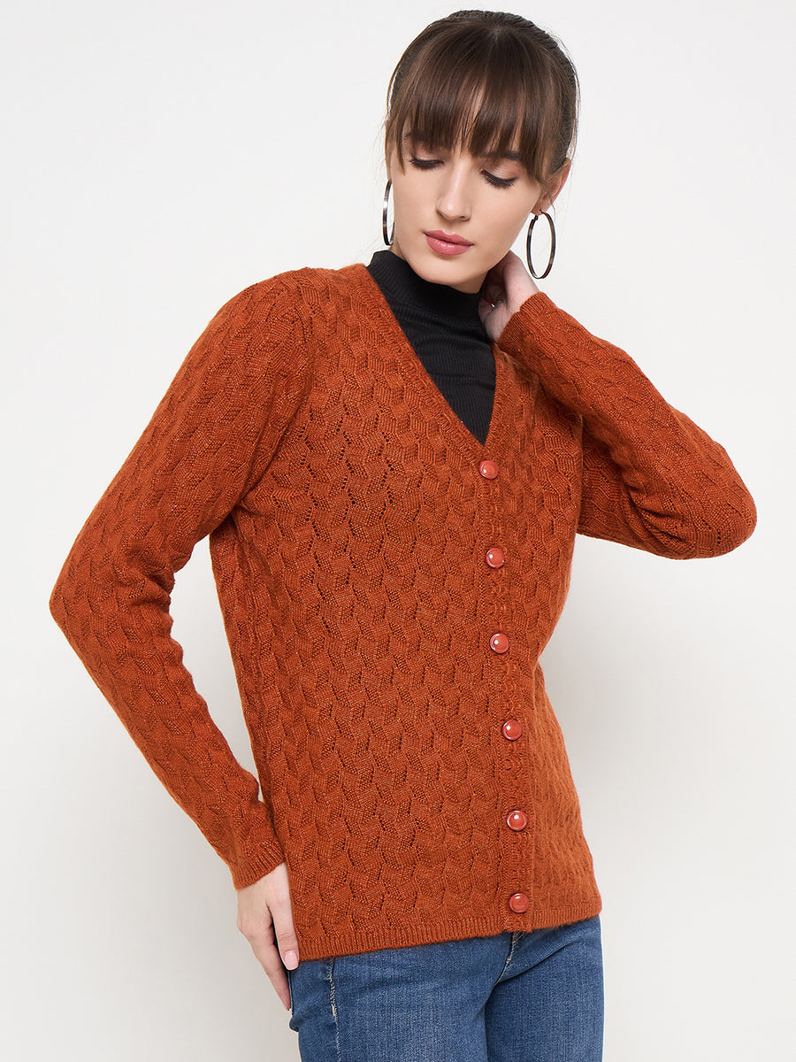 Madame Cable Knit Solid Burnt Orange Buttoned Cardigan