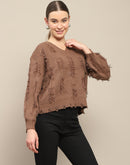 Madame Fringe Detailed V Neck Brown Sweater