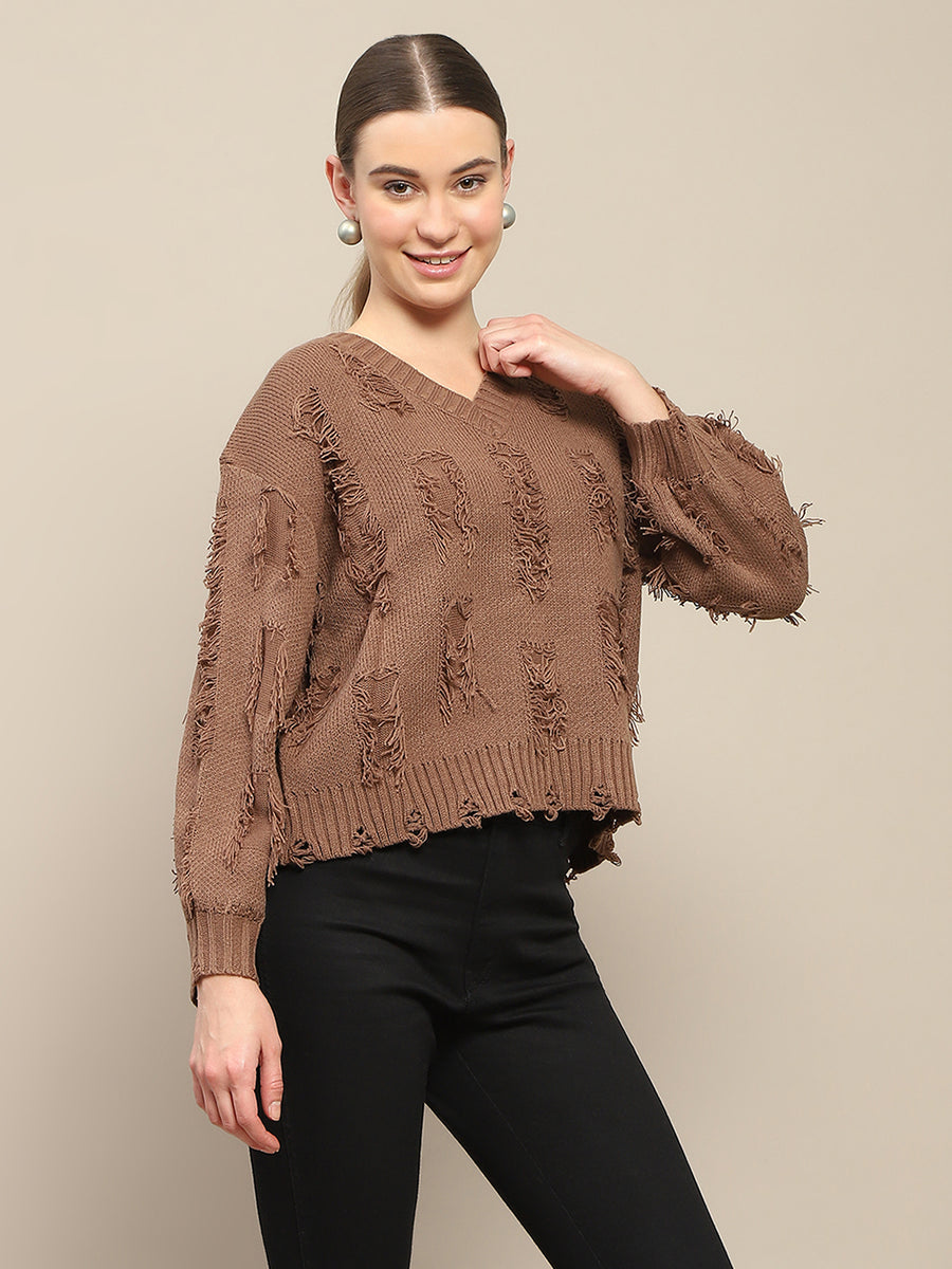 Madame Fringe Detailed V Neck Brown Sweater