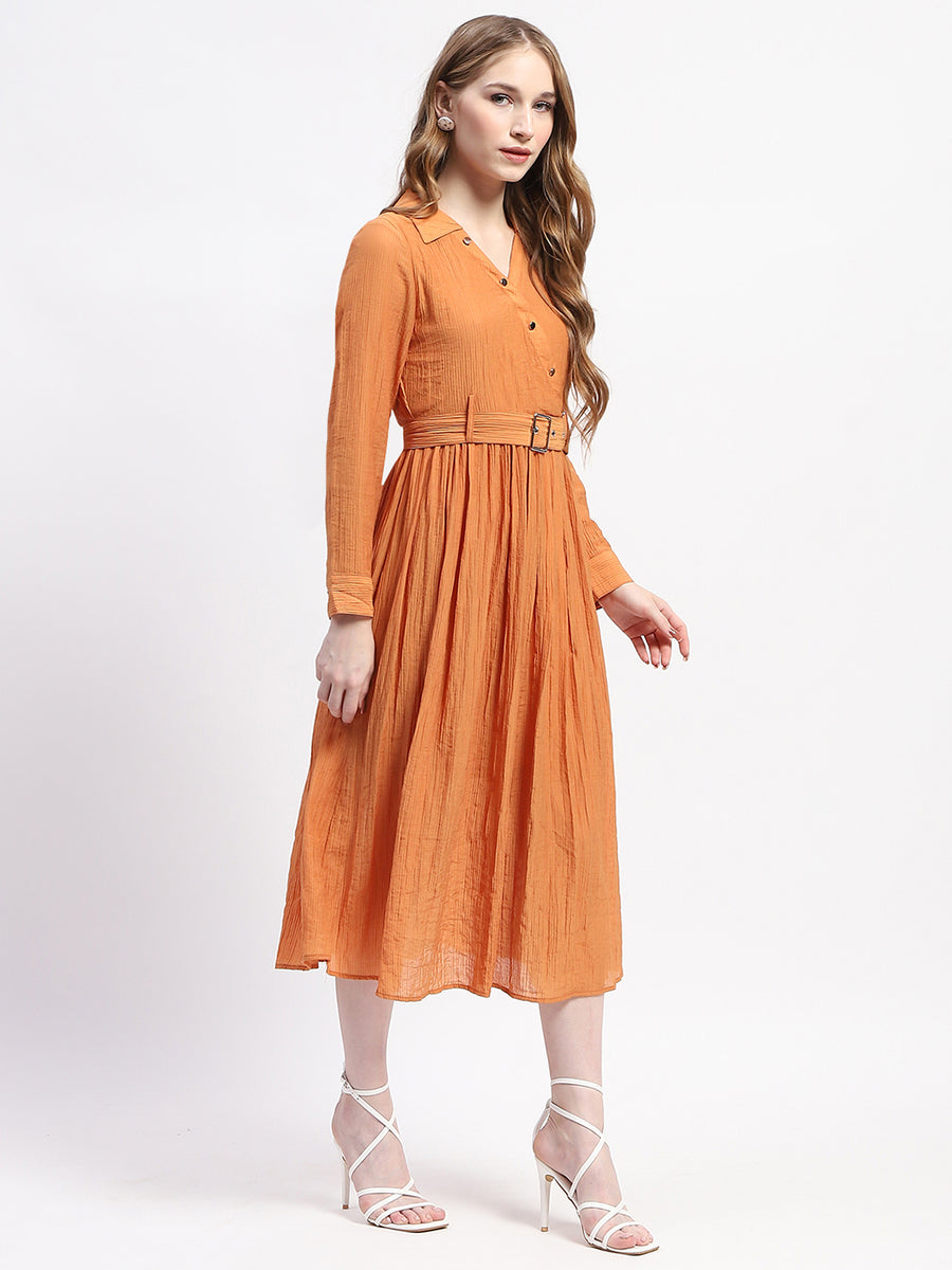 Madame Pleated Cotton Blend Orange Shirt Dress