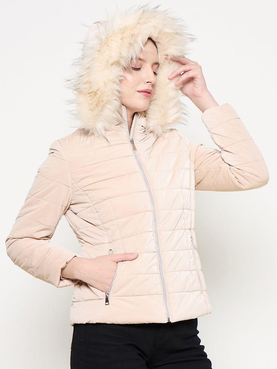 Madame Nylon Detachable Hood Quilted Brown Short Jacket