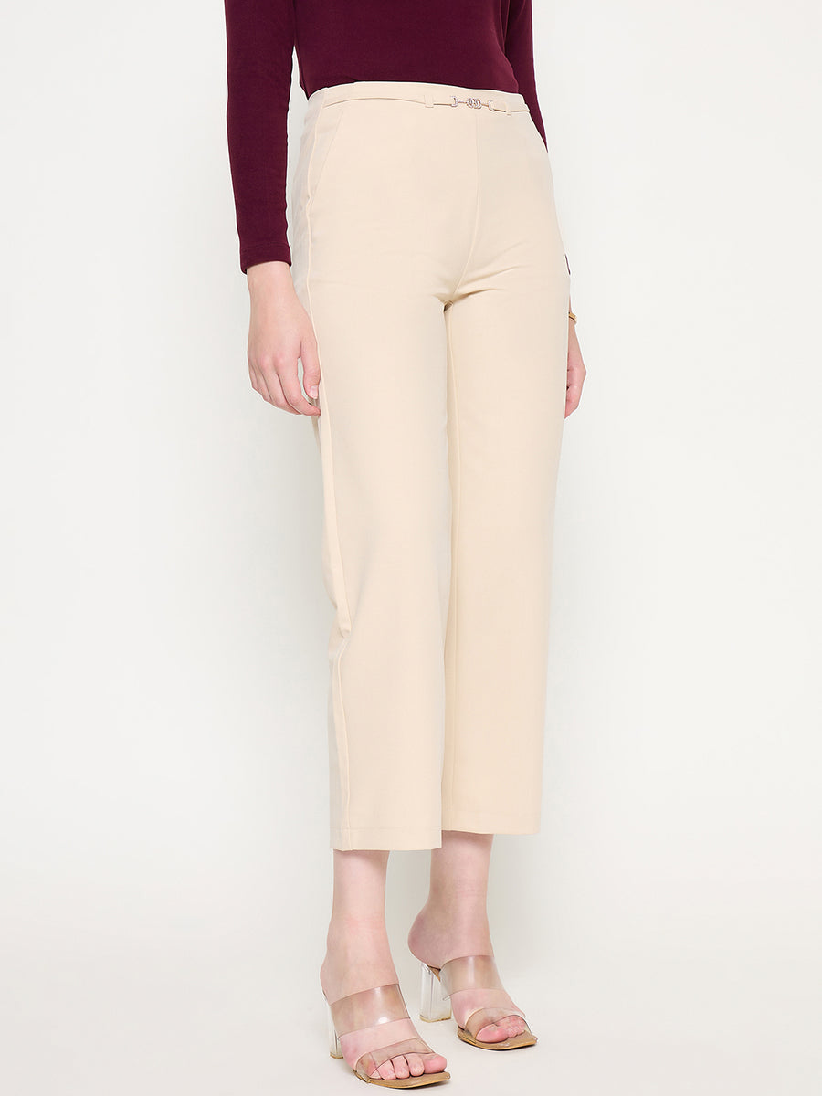 Madame Slash Pocketed Straight Fit Belted Solid Ivory Trousers