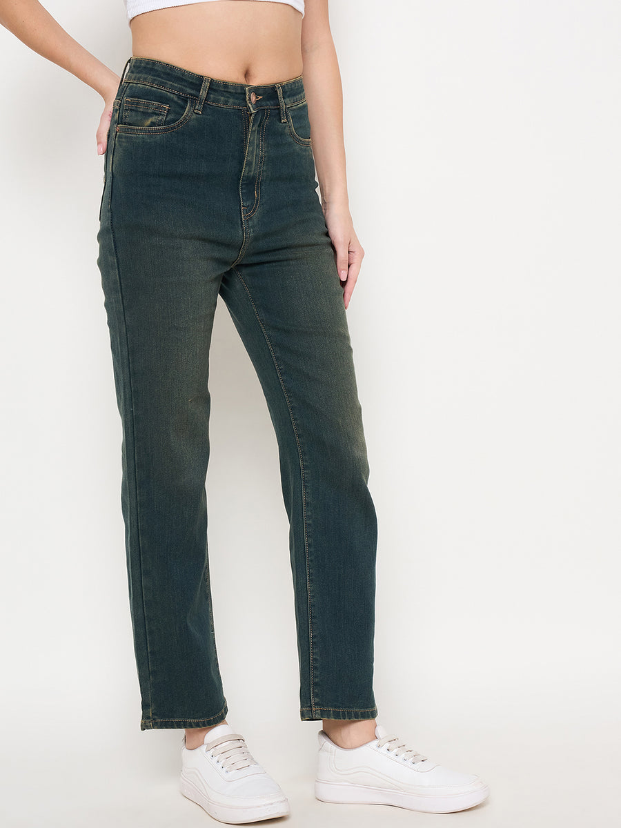 Madame Green Tinted Stone Wash Cotton Blend Denim Jeans