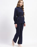 Madame Navy Belted Shirt and Wide-Leg Pants Co-ord Set