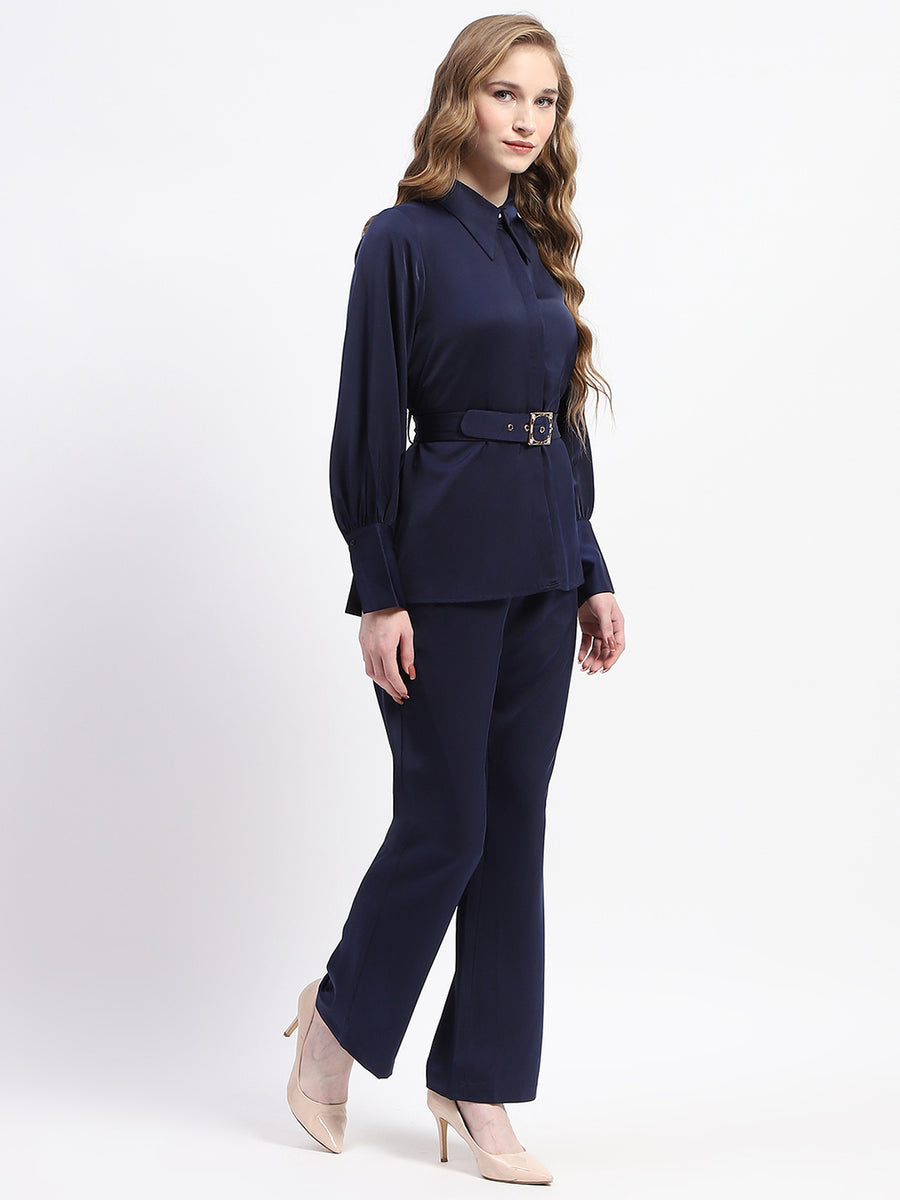 Madame Navy Belted Shirt and Wide-Leg Pants Co-ord Set