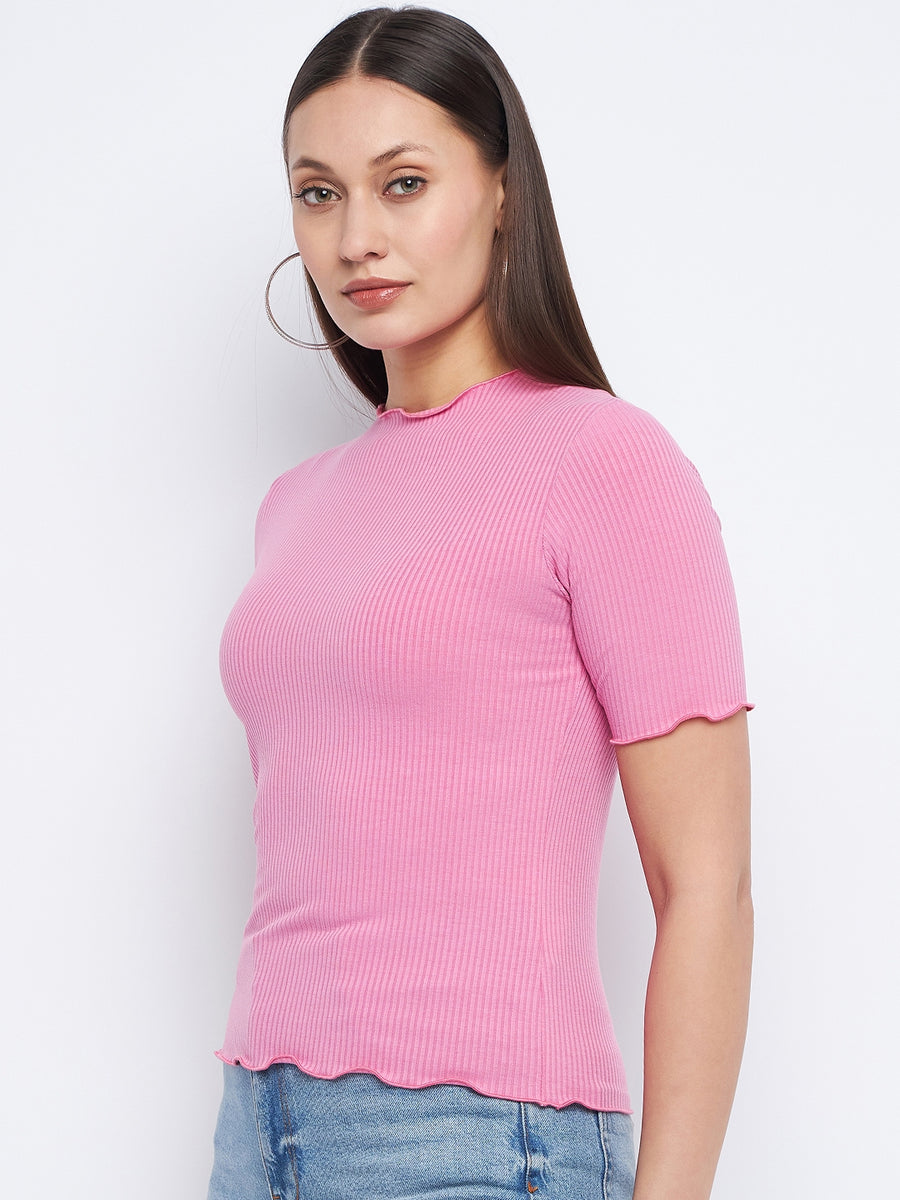 Madame Lettuce Hem Pink Ribbed Top