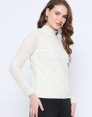 Madame Textured Mock Neck Solid Off White Top