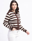 Madame Viscose Blend Zipped Chocolate Brown Striped Knitted Top