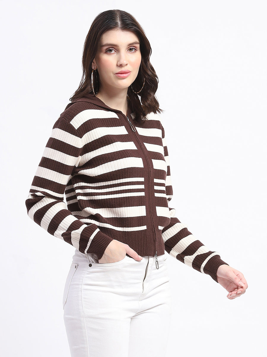 Madame Viscose Blend Zipped Chocolate Brown Striped Knitted Top