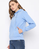 Madame Fleece Placement Printed Zipped Powder Blue Hooded Sweatshirt