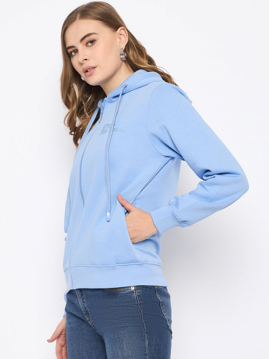 Madame Fleece Placement Printed Zipped Powder Blue Hooded Sweatshirt