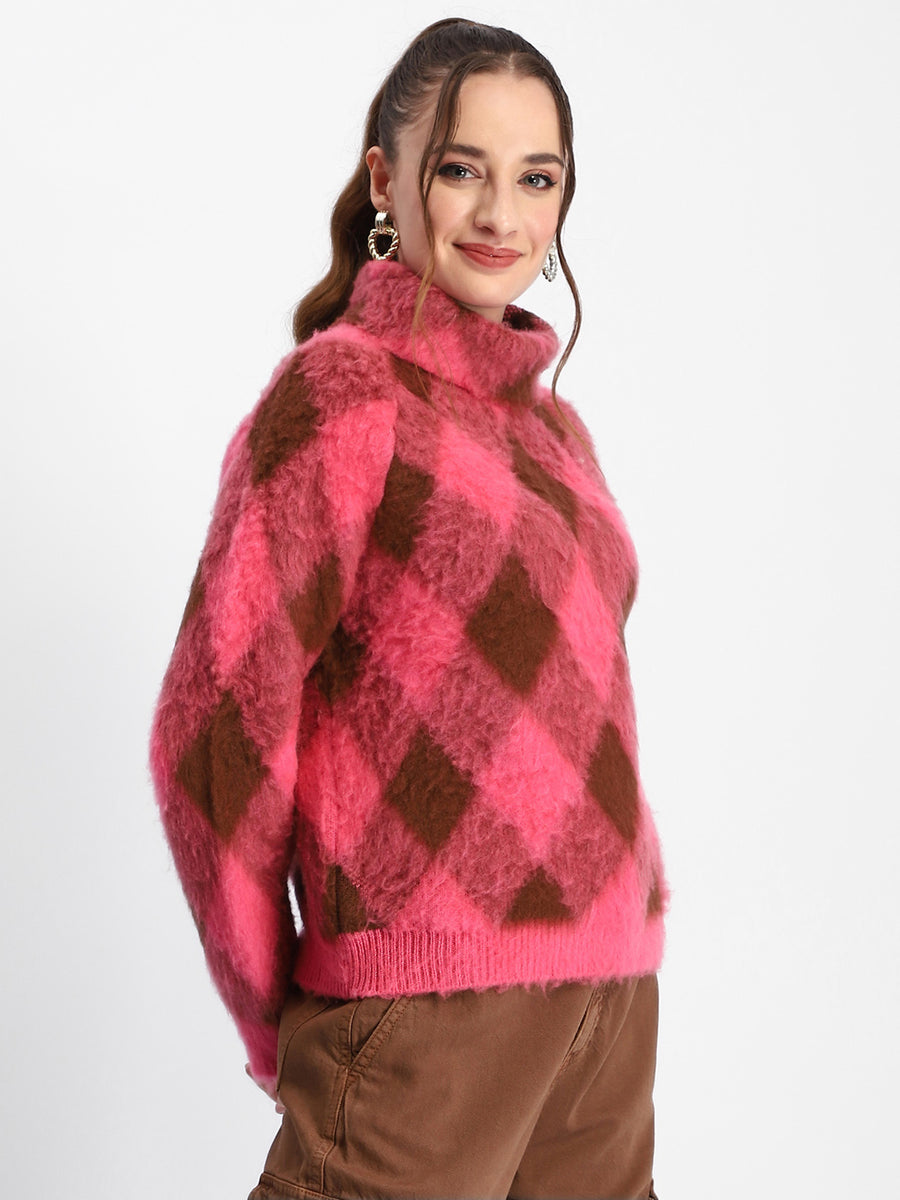 Madame Geometric Print Turtleneck Pink Sweater