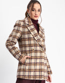 Madame Plaid Lapel Collared Welt Pocketed Beige Coat