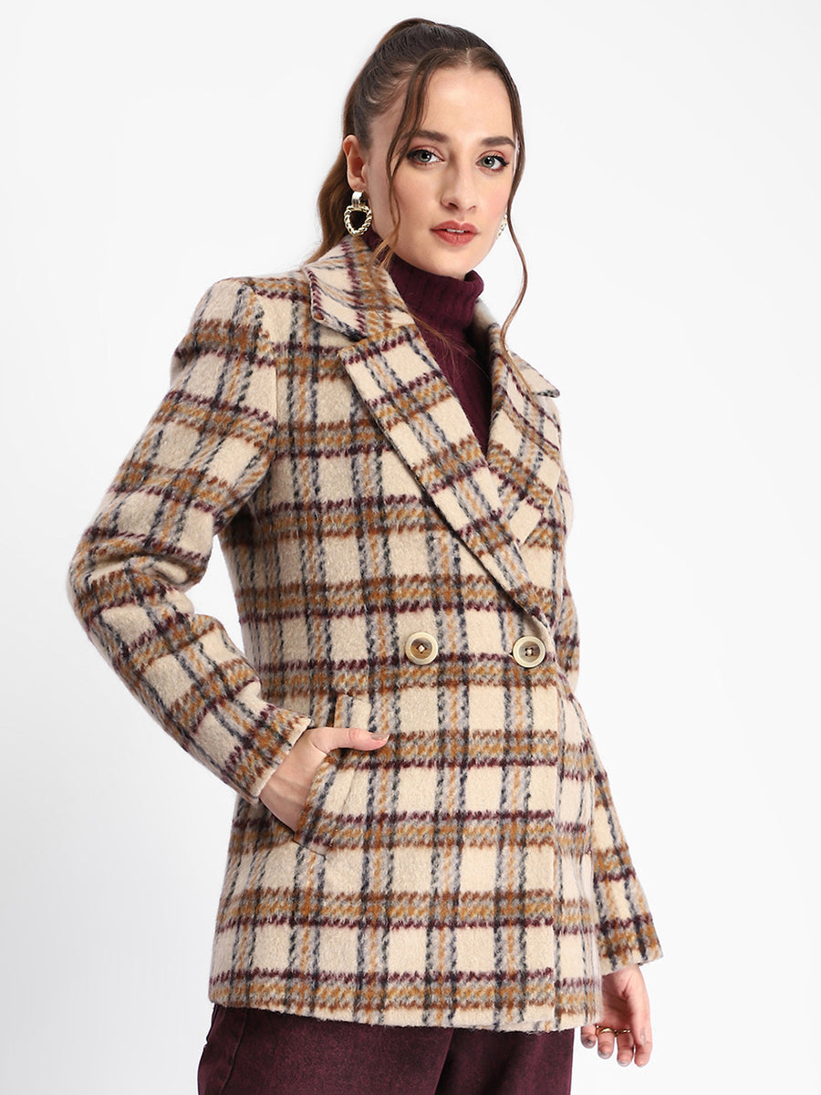 Madame Plaid Lapel Collared Welt Pocketed Beige Coat