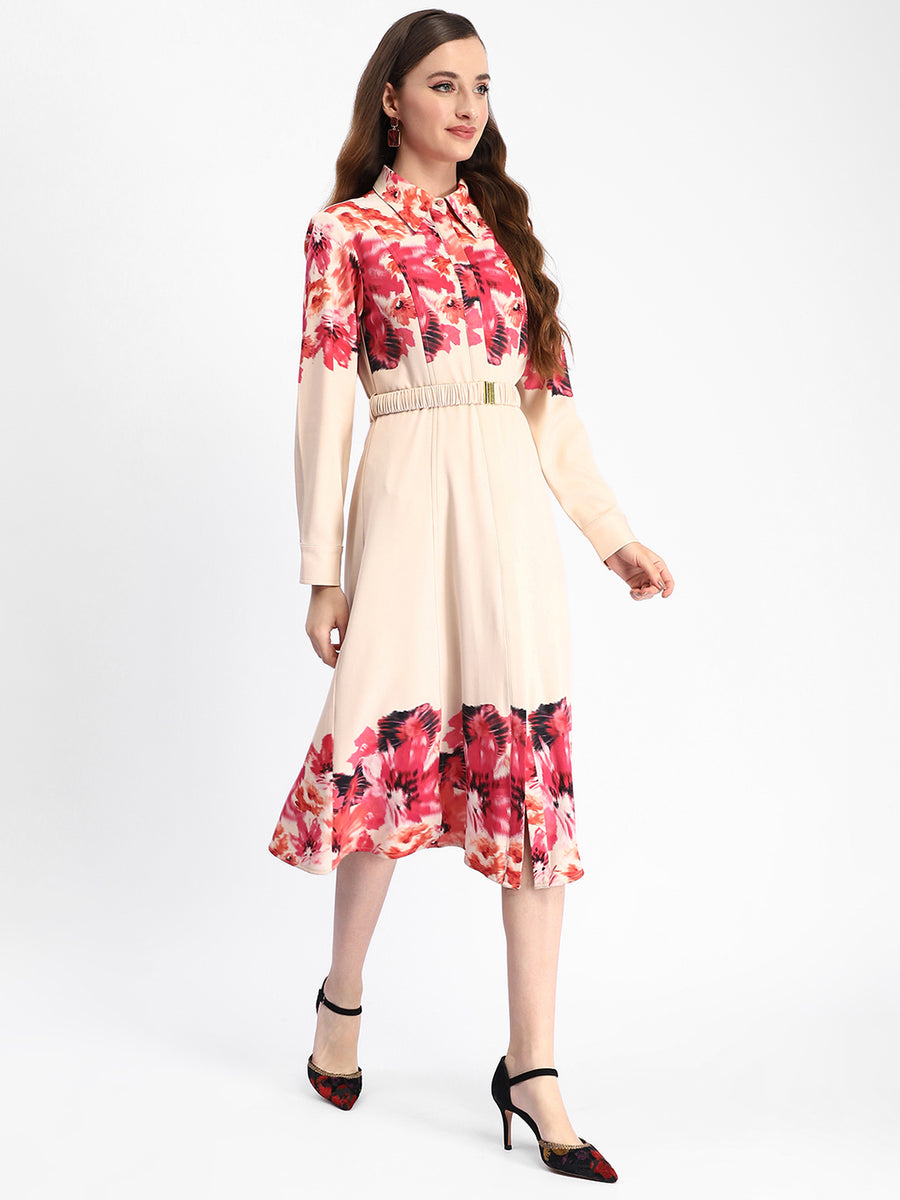 Madame Floral Printed Button Down Shirt A-Line Dress