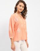 Madame Balloon Sleeve Peach Chikankari Work Top