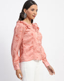 Madame Abstract Print Tie Neck Button Down Peach Top