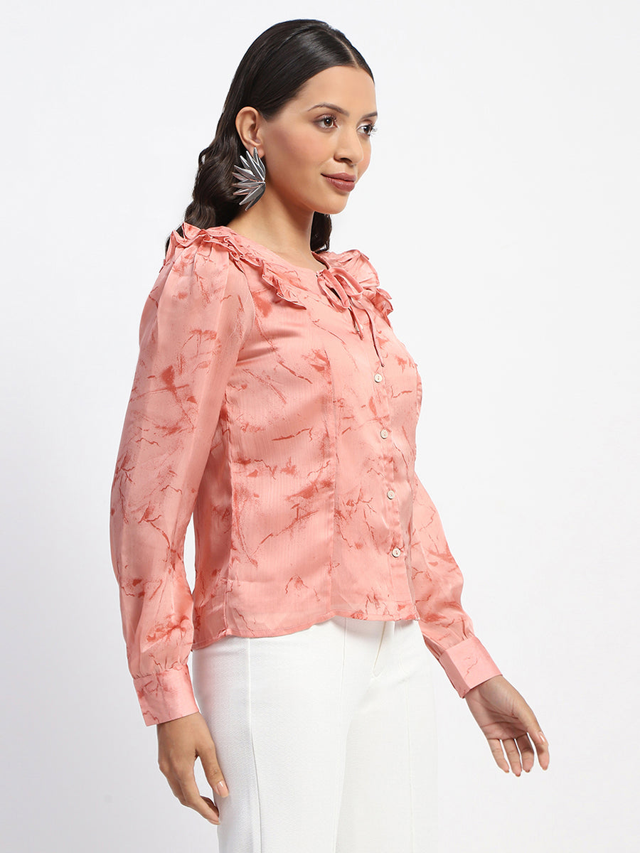 Madame Abstract Print Tie Neck Button Down Peach Top