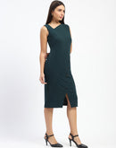 Madame Button Accented Asymmetrical Neck Teal Midi Dress