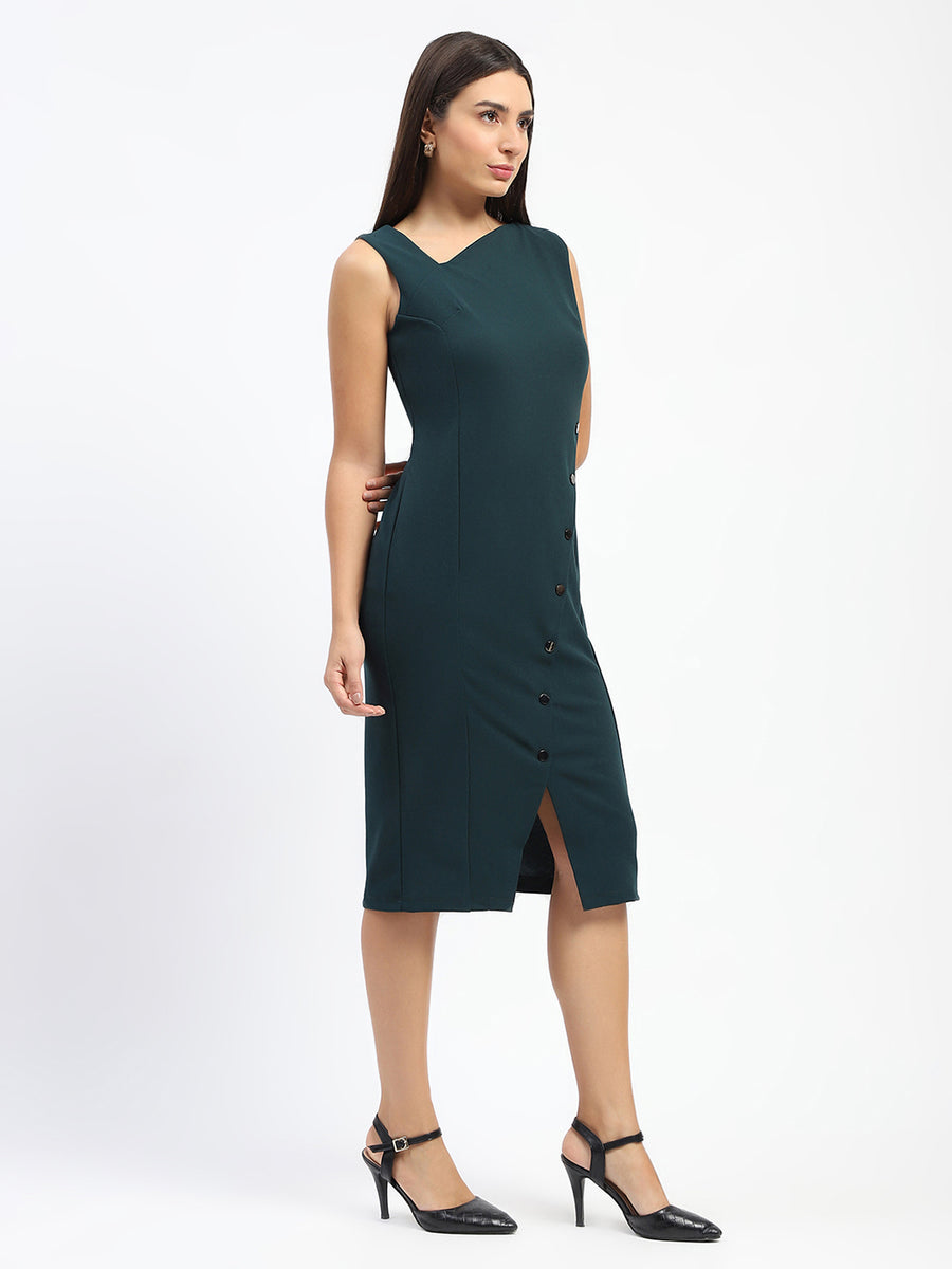 Madame Button Accented Asymmetrical Neck Teal Midi Dress