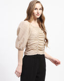 Madame Beige Ruched Top with Puff Sleeves