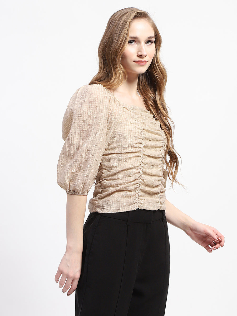 Madame Beige Ruched Top with Puff Sleeves