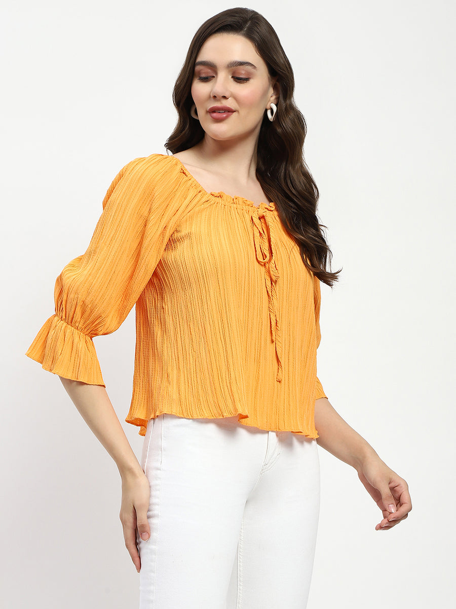 Madame Textured Cotton Blend Smocked Orange Top