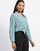 Madame Self Belted Waist Striped Aqua Blue Shirt