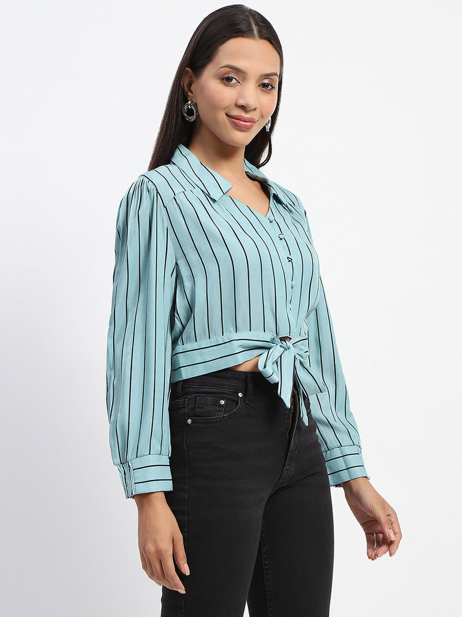 Madame Self Belted Waist Striped Aqua Blue Shirt