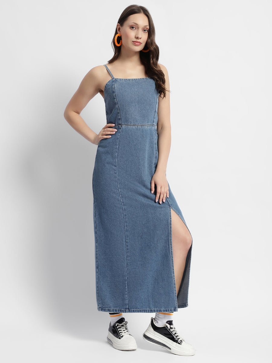 Madame Front Slit Long Denim Dress