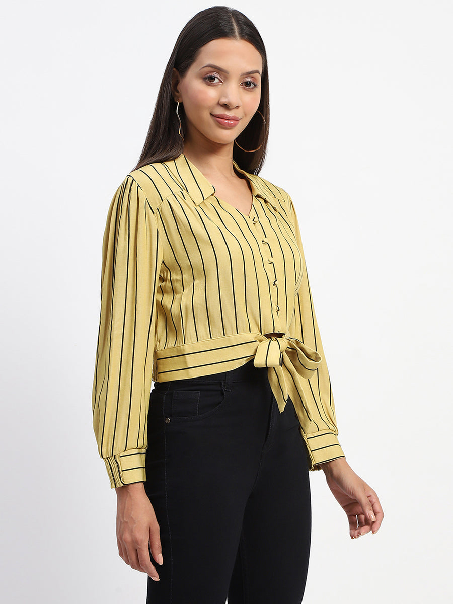 Madame Self Belted Waist Striped Yellow Shirt