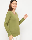 Madame Round Neck Ribbed Cuff Olive Sweater