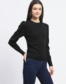 Madame Adorned Sleeves Solid Black Knitted Top