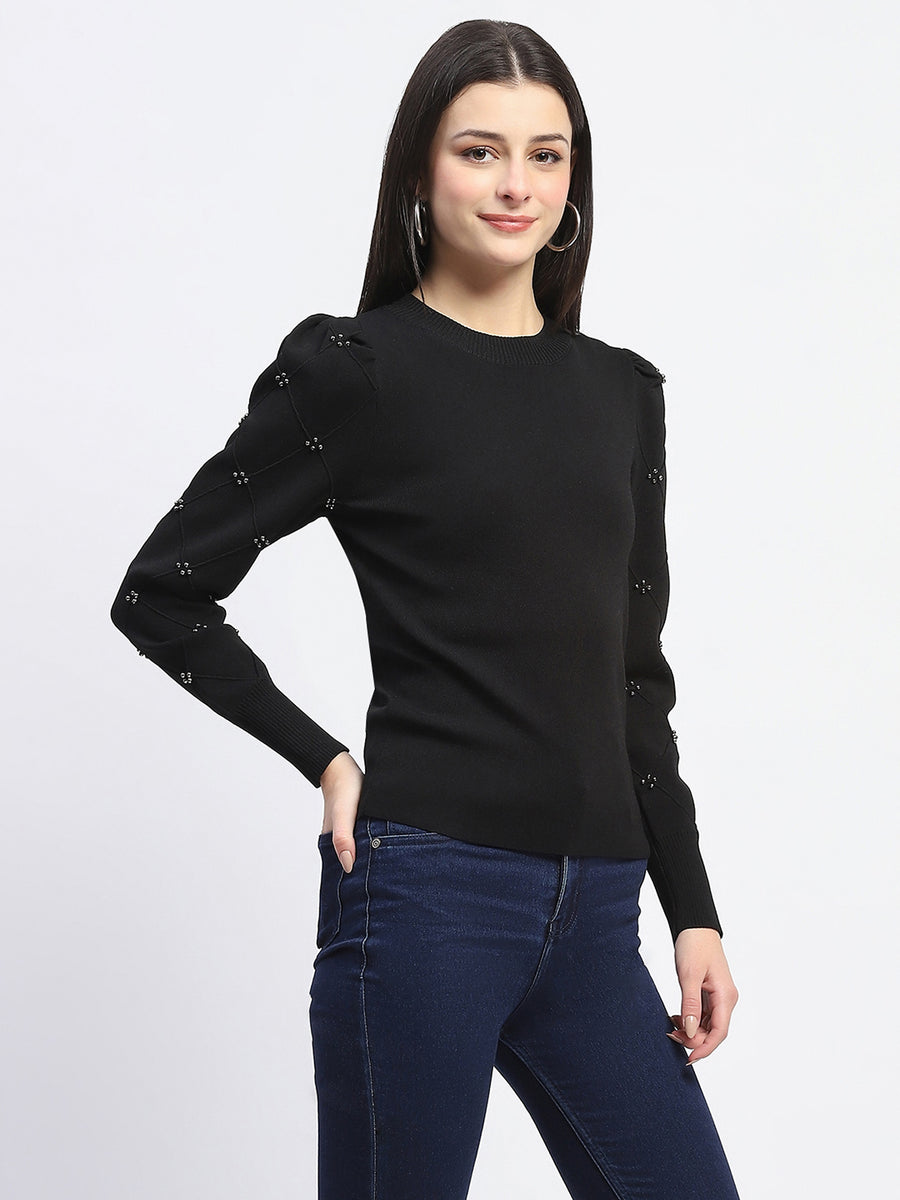 Madame Adorned Sleeves Solid Black Knitted Top